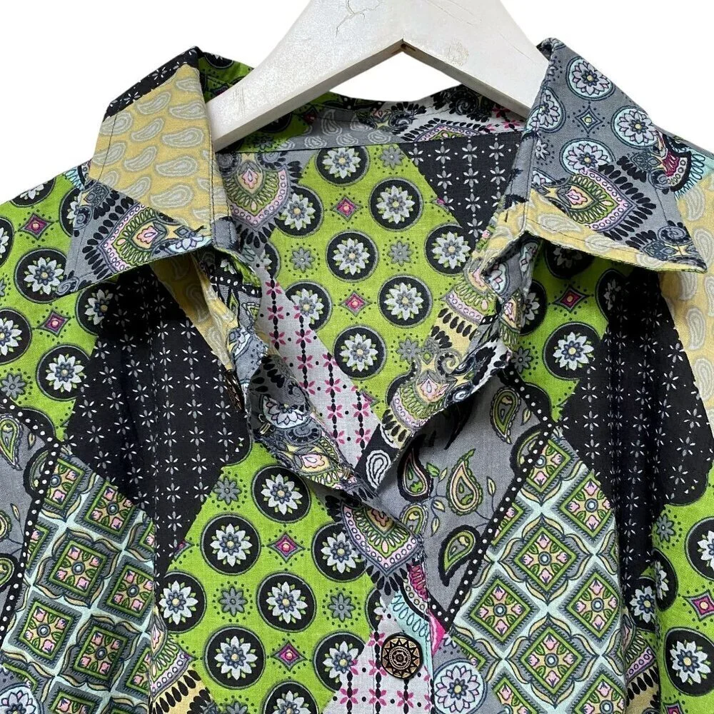 Patchwork Print Long Shirt O/S Green Kaftan Boho Artsy Cottagecore Prairie - Picture 3 of 9